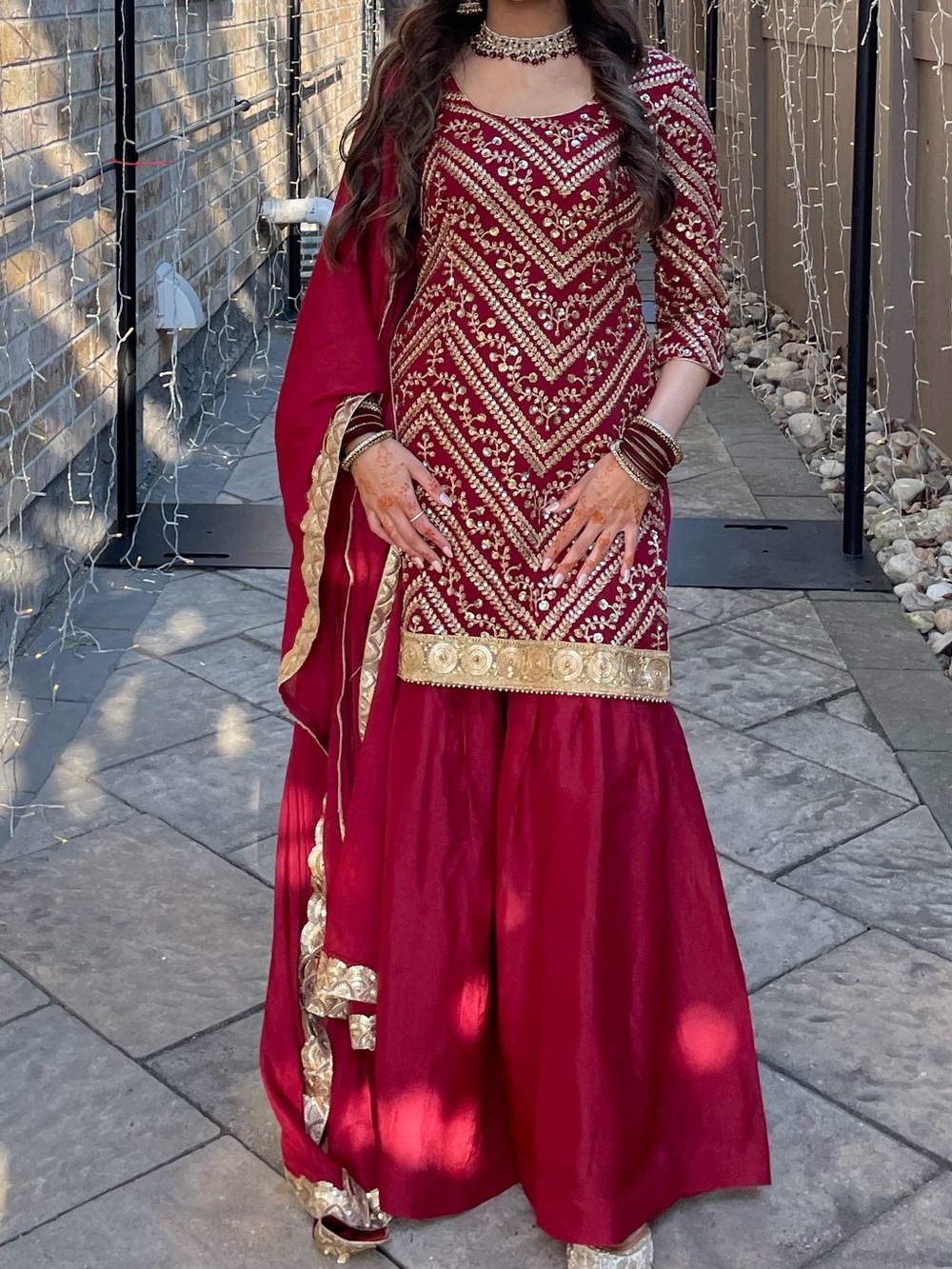Red Embroidered Women's Formal Dress with Gold Accents